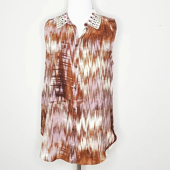 Elizabeth & James Julian Silk Rhinestone Collar Top S - Picture 2 of 10